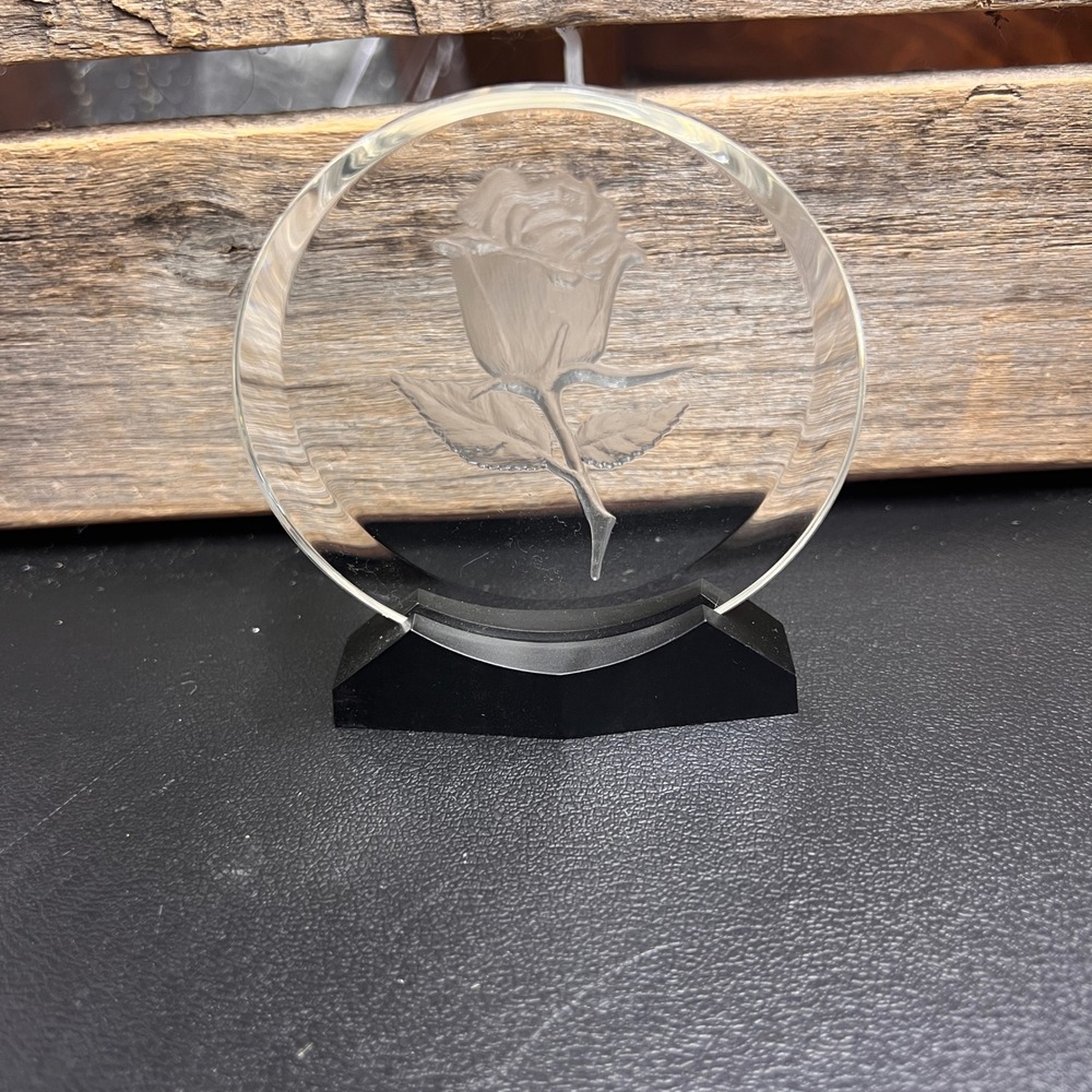 Etched Glass Acrylic Paperweight Black Base Decorative Floral Display 4 Inch